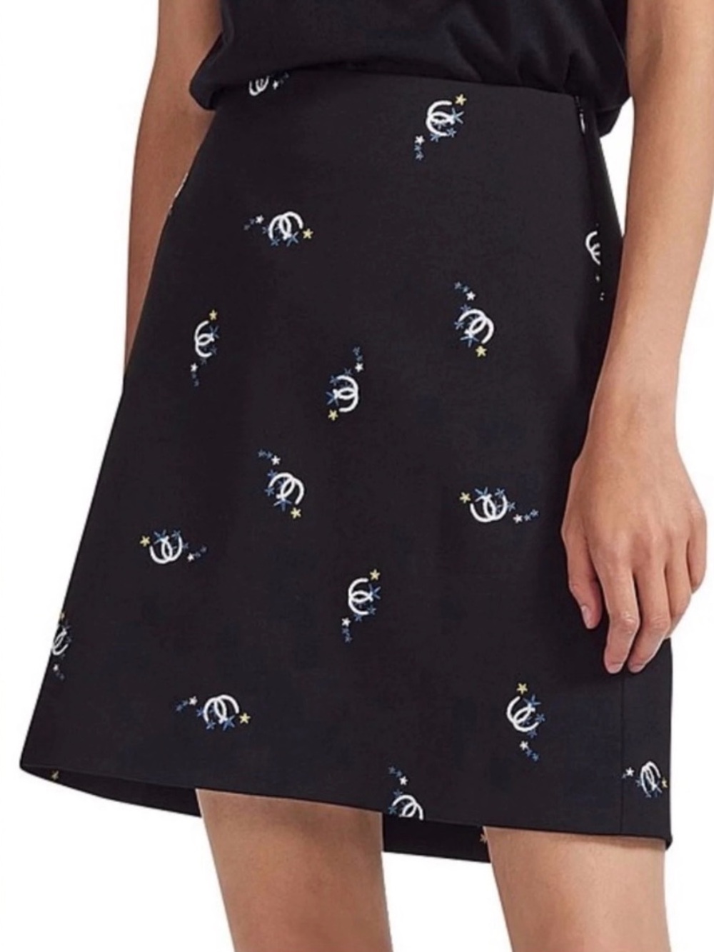 Maje Black A-Line Skirt with White Crescent & Blue Star Embroidery